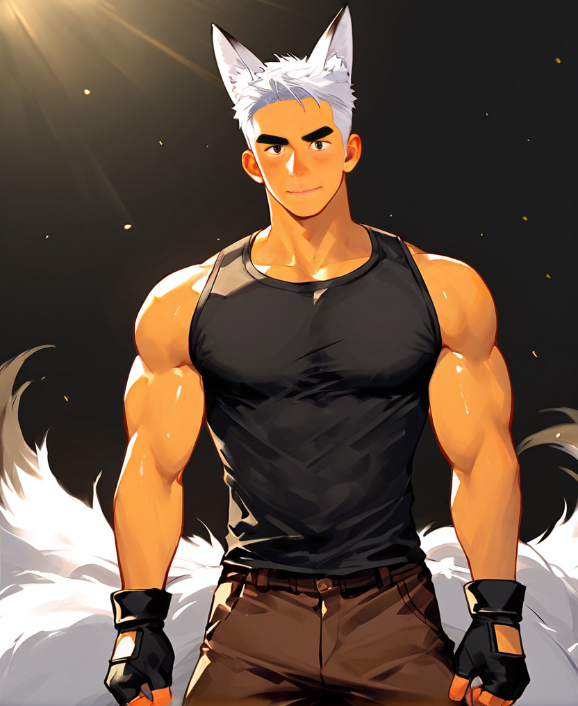 ((source anime)), breeze style, ((anime eyes:1.5, small nose, simple mouth:1.5)), short hair, score_9, score_8_up, score_7_up, Korean, <lora:Expressive_H:1.4>, ((handsome man:1.2, light skin)), (focus male, solo:1.1), masterpiece, best quality, ((1man, 1boy)),
<lora:Breez_Style_Wv4:1>. breeze style, smile, 
masterpiece, best quality, amazing quality, 1boy, solo, masterpiece, best quality, animal ears, short hair, muscular, pants, tails, white hair, brown pants, tank top, black tank top, blush,gloves,fox ears,fingerless gloves,fox tail, 9 tails, fox boy, sideburns, volumetric lighting, breeze style, muscular man,