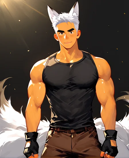 ((source anime)), breeze style, ((anime eyes:1.5, small nose, simple mouth:1.5)), short hair, score_9, score_8_up, score_7_up, Korean, <lora:Expressive_H:1.4>, ((handsome man:1.2, light skin)), (focus male, solo:1.1), masterpiece, best quality, ((1man, 1boy)),
<lora:Breez_Style_Wv4:1>. breeze style, smile, 
masterpiece, best quality, amazing quality, 1boy, solo, masterpiece, best quality, animal ears, short hair, muscular, pants, tails, white hair, brown pants, tank top, black tank top, blush,gloves,fox ears,fingerless gloves,fox tail, 9 tails, fox boy, sideburns, volumetric lighting, breeze style, muscular man,