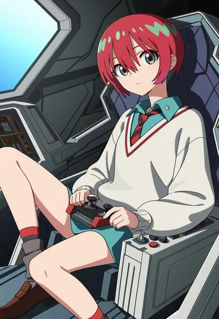 <lora:Amate Yuzuriha_illustrious-000032:1>,
Amate Yuzuriha, sitting, necktie, shirt, cockpit, solo, looking at viewer, long sleeves, joystick, sweater, collared shirt, socks, red necktie, closed mouth