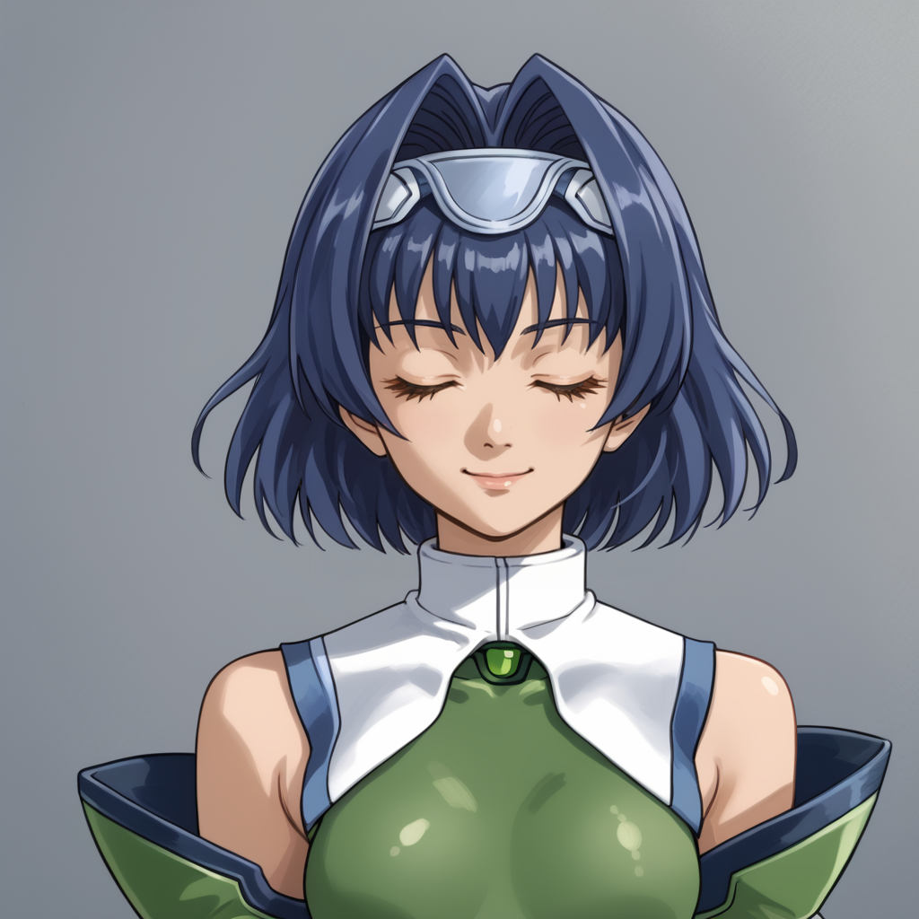 1girl, solo, portrait <lora:KelvenaXLpony:1> Kelvena, closed eyes, smile, blue hair, short hair, green bodysuit, white collar, bare shoulders,