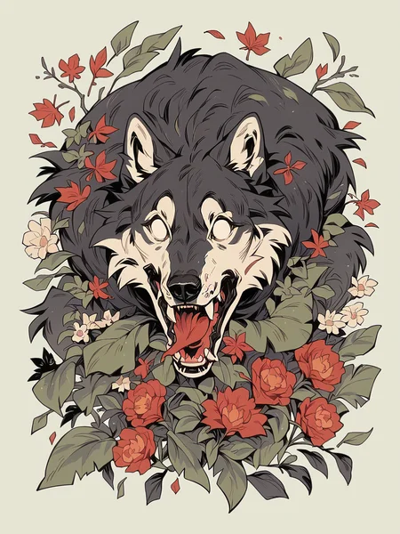 score_9, score_8_up, score_7_up, score_6_up, w00f, simple background, animal focus, wolf, sharp teeth, open mouth, blank eyes,
<lora:w00fXLP:1> flowers, leaves