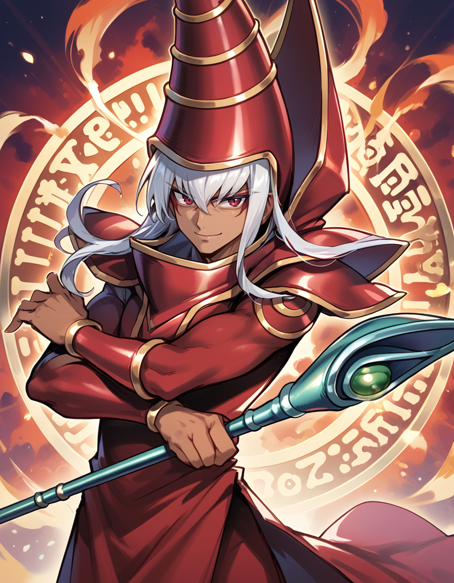 (score_9:0.9),score_8_up,score_7_up,rating_safe,(zPDXL),(zPDXL3),<lora:Dark Magician ponyXL v1.2:0.72>,dark magician,1boy,male focus,solo,staff,holding staff,smile,looking at viewer,white hair,red eyes,red wizard clothes,red wizard hat,dark skin,evil smile,magic circle,