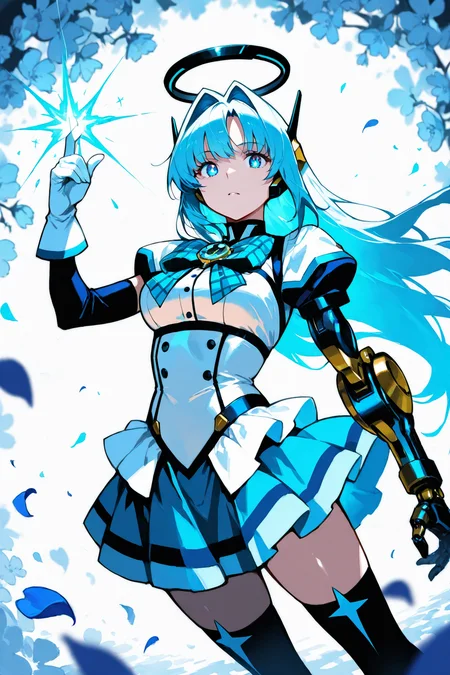 magical girl outfit, Jed-rbt, magical girl, 1girl, dynamic angle, score_9, score_8_up, score_7_up,source_anime, shiny hair, magical girl made of silver and blue glow, head gear, hair intakes, bright blue energy, cyborg girl, white gloves, single mechanical arm, buttons, skirt, plaid bow, mechanical halo, Depth of field, cinematic shadows, sharp focus, dynamic lighting, star, [(bloom background:1.2)::0.2], (petal background:1.2), masterpiece,best quality,amazing quality,very aesthetic,absurdres,newest,detailed eyes, <lora:magical-girl-outfit-il-01:1> <lora:RoboStyle:1>