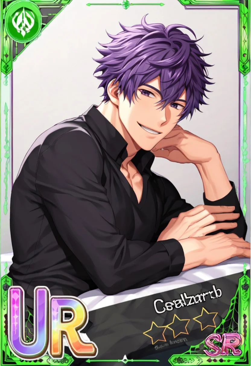 Aacards, solo, looking at viewer, smile, short hair, muscular male, otome, curly hair, purple hair, male focus, lying, black shirt, on side