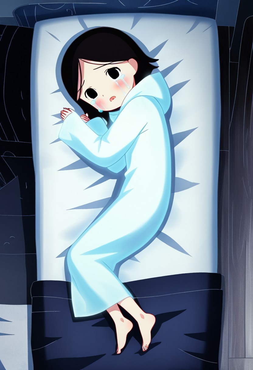 zPDXL3, source_cartoon, Perfect Hands, full body,
1girl, solo, aged down, bedroom, looking at viewer, saoirse, black hair, black eyes, blush, ghost, hood up, robe, barefoot, glowing, lying on bed, from above, lying on side, facing at viewer, feeling cold, eyes open, crying sadly, fear, open mouth, sleeve past wrist, slim body, long body, highlight cloth wrinkle, anime style,
<lora:Perfect Hands:1>  <lora:Saoirse_-_The_Song_of_the_Sea-000009:1>