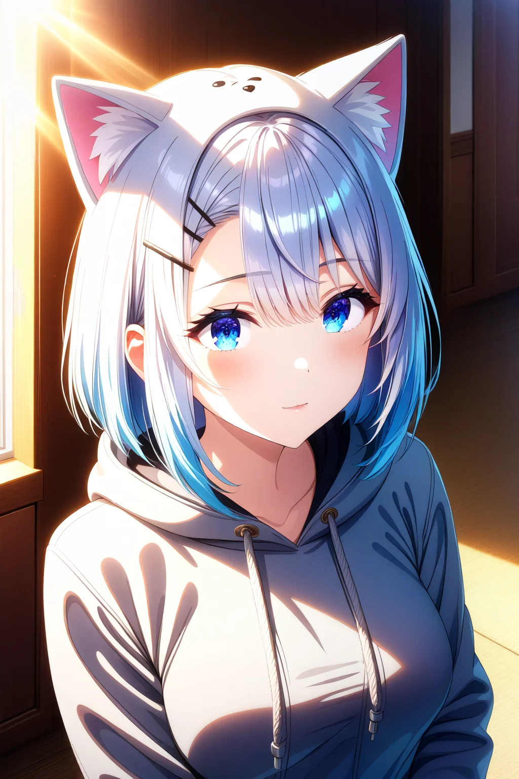 16k, 8k, 4k,
best quality, extremely detailed fine touch, hyper detailed, highly detailed, top quality, extreme quality, ultra details, absurdres, masterpiece,
amazing details, beautiful illustration, detailed face,
high resolution, highres,
digital painting, anime,
very aesthetic, natural light, sun light, light rays, dappled light, reflection, shadows, ray tracing, soft lighting,
bright colors, vivid colors, hdr, volumetric lighting,
<lora:Sakuna Memoire(sdxl):0.85> Sakuna_Memoire, 1girl, animal hood, bangs, blue eyes, breasts, drawstring, grey hoodie, holding, hood, hood down, hooded jacket, hooded sweater, hoodie, long sleeves, short hair, white hoodie