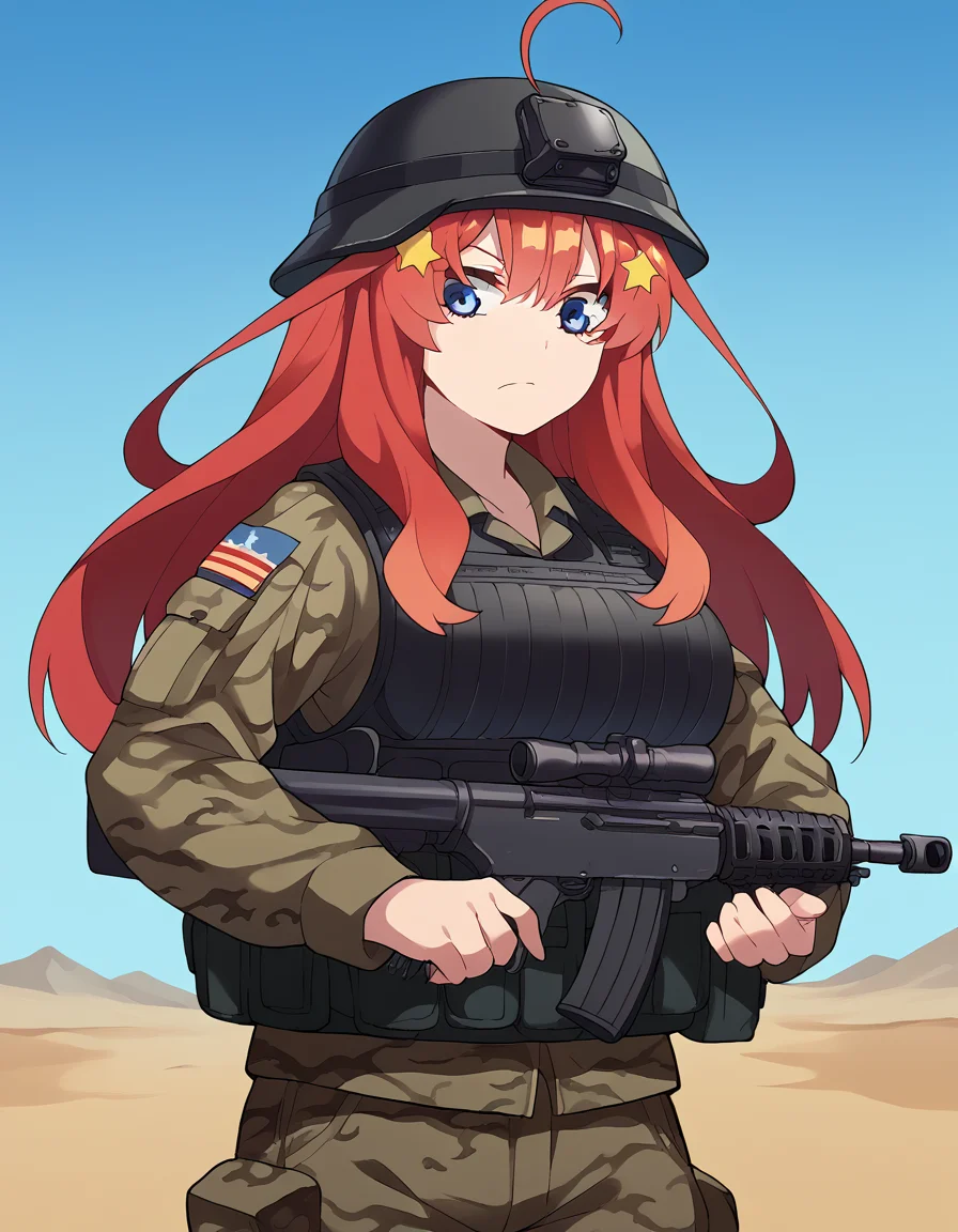 score_9, score_8_up, score_7_up, source_anime, <lora:itsuki-nakano-s2-ponyxl-lora-nochekaiser:1>, itsuki nakano, bangs, long hair, blue eyes, hair between eyes, ahoge, red hair, star (symbol), hair ornament, star hair ornament, large breasts, <lora:military-combat-uniform-ponyxl-lora-nochekaiser:1> military combat uniform, camouflage jacket, camouflage, load bearing best, camouflage pants, soldier, bulletproof vest, combat helmet, assault rifle, rifle,, desert, sun, blue sky,, cowboy shot,