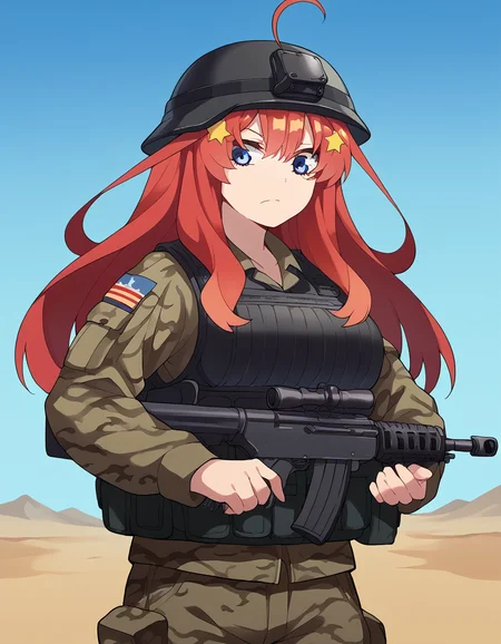 score_9, score_8_up, score_7_up, source_anime, <lora:itsuki-nakano-s2-ponyxl-lora-nochekaiser:1>, itsuki nakano, bangs, long hair, blue eyes, hair between eyes, ahoge, red hair, star (symbol), hair ornament, star hair ornament, large breasts, <lora:military-combat-uniform-ponyxl-lora-nochekaiser:1> military combat uniform, camouflage jacket, camouflage, load bearing best, camouflage pants, soldier, bulletproof vest, combat helmet, assault rifle, rifle,, desert, sun, blue sky,, cowboy shot,