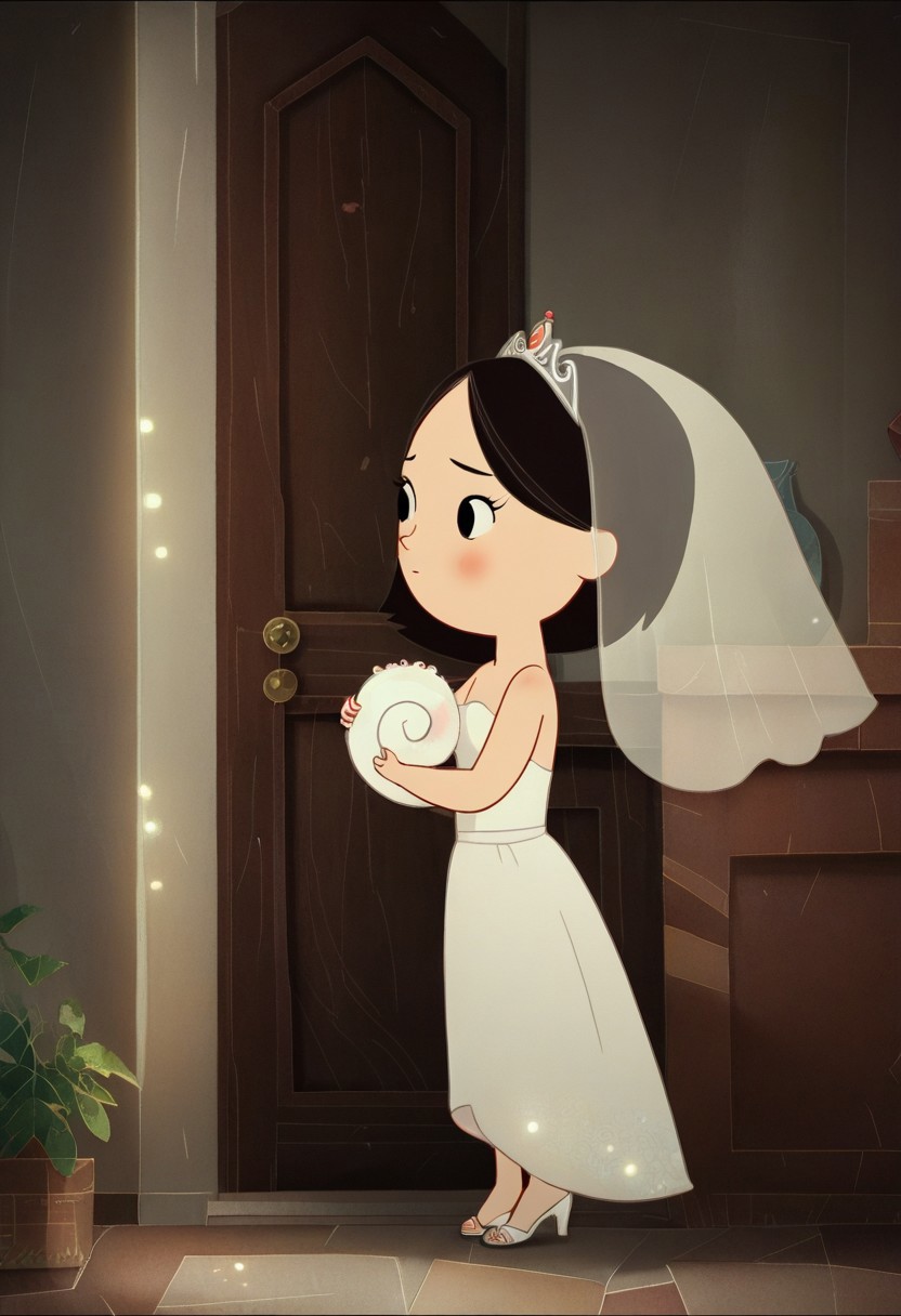 zPDXL3, source_cartoon, Perfect Hands, full body, 1girl, solo, saoirse, black hair, black eyes, blush, short hair, Full body, barefoot, Perfect Hands, Wedding dress, Wedding veil, Golden tiara, white high heels sandals, indoors,  (detailed backbround:1.3)