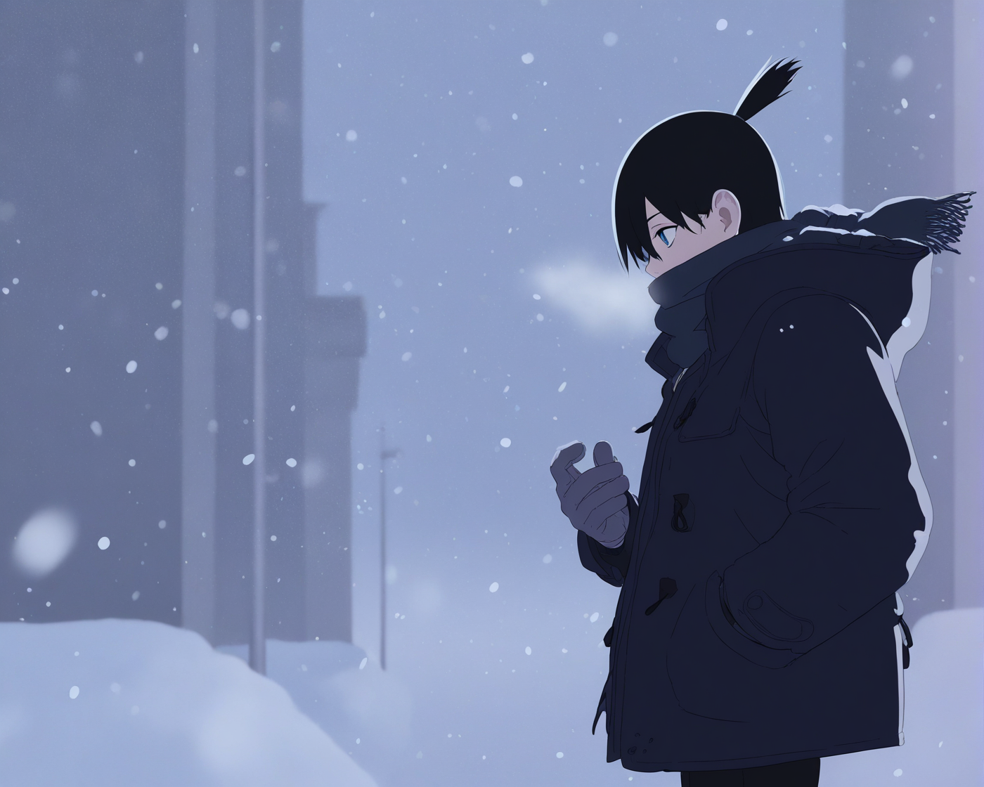 snow,snowing,scarf,coat,gloves,winter clothes,night,1boy,pants,dark,outdoors,jacket,(winter coat:1.2),long sleeves,winter,breath,hood,scarf over mouth,from side,downblouse,hand in pocket,standing,(looking far:1.1),
(hayakawa aki:1.1),black hair,solo,blue eyes,short hair,(ponytail:0.8),1boy,
(((masterpiece, best quality, amazing quality, very aesthetic,highres, absurdres))),newest,very awa,highres,
<lora:lookback-noob10-v2-000030:1>,