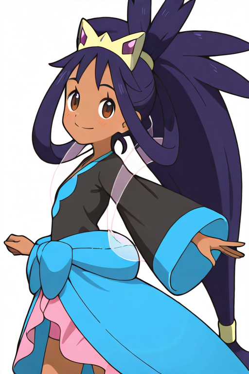 <lora:iris_champion_2:1.0>  iri5cham1on,ColourEX,dark-skinned female, dark skin, brown eyes, purple hair, very long hair, ponytail, spiked hair, hair rings, 
tiara, purple gem tiara,
black shirt, blue v-neck,
pink see-through shawl, blue sleeve cuff,
middle blue ribbon,blue skirt,pink skirt edge 
,pink bike shorts,
 1girl,  smile, from side, looking at viewer, dancing, upper body,, masterpiece, high quality, absurdres, best quality, very aesthetic, newest,