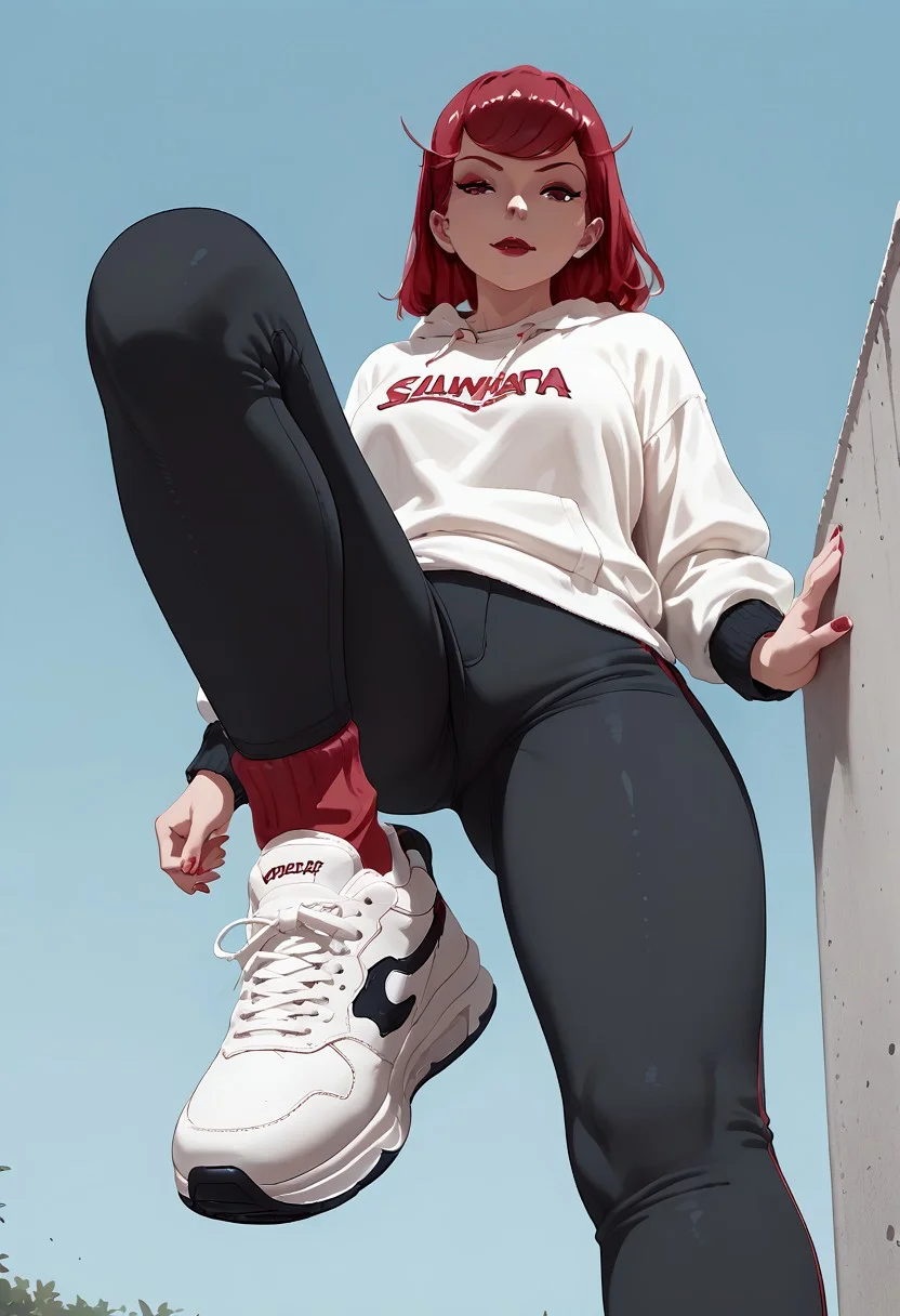 score_9, score_8_up, score_7_up, full body, chunkysneakers, sneakers, streetwear, Scarlett, 1girl, solo, standing on one leg, footwear focus, from below, source_anime, lineart, pov