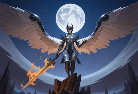 , <lora:afkArenaIllustrious:1>afkarenastyle,
amazing quality, very aesthetic,absurdres,best quality,newest,masterpiece,4k resolution,,solo, dameaylin, armor, open wings,, scars, moon, helmet, , epic scene, holding a flaming sword, , <lora:aylinIllustrious:1>
Show less