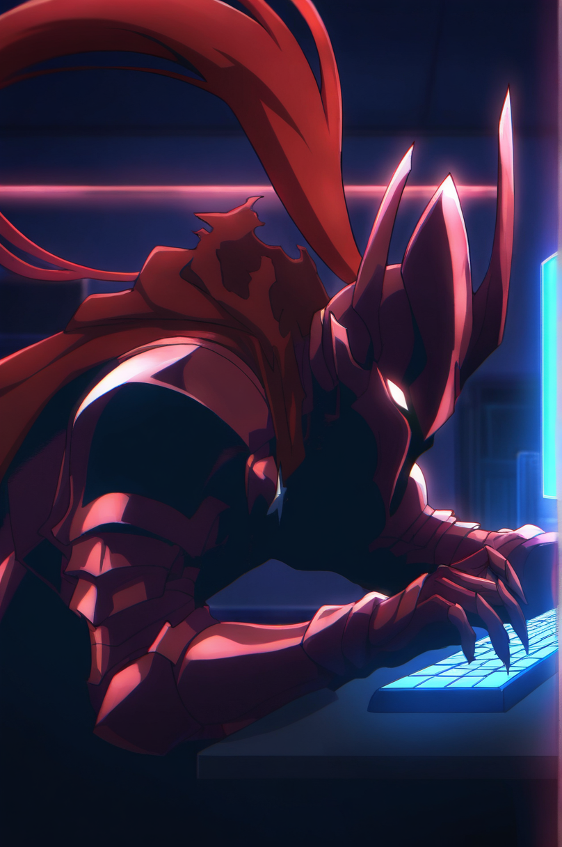 8K,masterpiece, best quality, amazing quality, very aesthetic, high contrast, focused subject, vivid color.
1 igr1s, helmet, red hair, one horn is broken, red cape, glowing eyes, red armor,
,streamer, playing games on computer, gaming computer, neon lights, headphones, atmospheric room, hanging portraits of teenager igr1s
<lora:Igris_by_readandsign_v5-000009:1>
