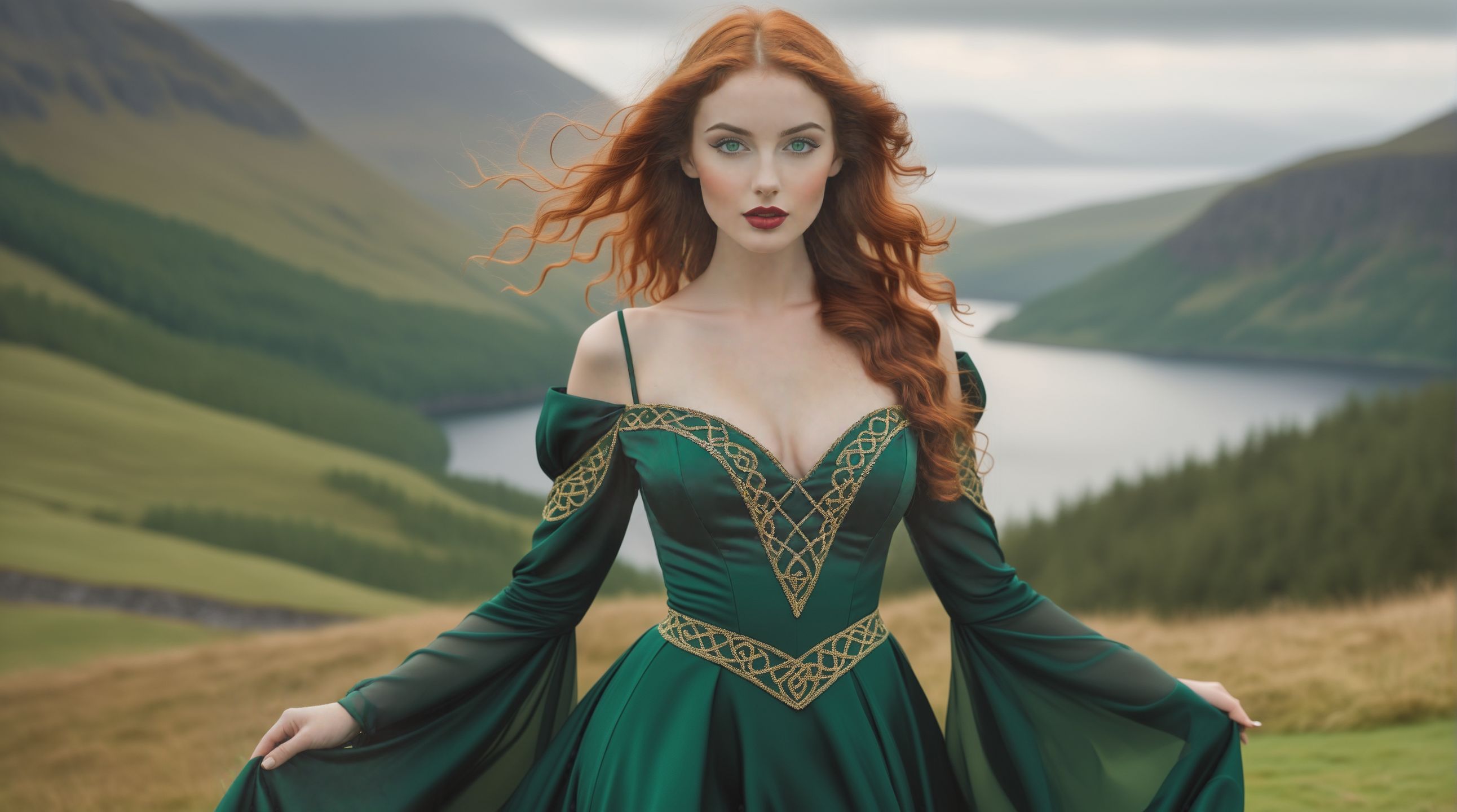 (contrapposto pose:1.3), HDR, rule of thirds composition, full-length editorial photo of 21yo seductress, cute face, outdoor Scottish highlands, vivid sunset hues, fantasy setting. A striking redhead woman, (distinctly Scottish), wearing an elaborate elven inspired gown is a fusion of deep emerald green and earthy browns, with intricate Celtic knotwork embroidery in gold thread, Flowing sleeves, a fitted bodice, short skirt, fiery red hair is styled in a cascade of loose curls, green eyes, stands atop a grassy knoll, overlooking a misty loch. In her hands, she holds an ancient, rune carved staff, emanating a soft, other worldly glow., large bosom, attractive body figure, feminine hourglass body shape, style of Gil Elvgren, Pin-Up Art, Retro Americana, Glamorous Women, Vibrant Colors, Playful Poses, Imogen_Serberkummer,