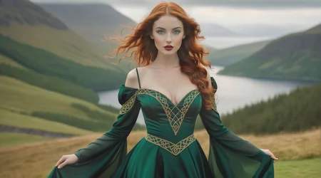 (contrapposto pose:1.3), HDR, rule of thirds composition, full-length editorial photo of 21yo seductress, cute face, outdoor Scottish highlands, vivid sunset hues, fantasy setting. A striking redhead woman, (distinctly Scottish), wearing an elaborate elven inspired gown is a fusion of deep emerald green and earthy browns, with intricate Celtic knotwork embroidery in gold thread, Flowing sleeves, a fitted bodice, short skirt, fiery red hair is styled in a cascade of loose curls, green eyes, stands atop a grassy knoll, overlooking a misty loch. In her hands, she holds an ancient, rune carved staff, emanating a soft, other worldly glow., large bosom, attractive body figure, feminine hourglass body shape, style of Gil Elvgren, Pin-Up Art, Retro Americana, Glamorous Women, Vibrant Colors, Playful Poses, Imogen_Serberkummer,