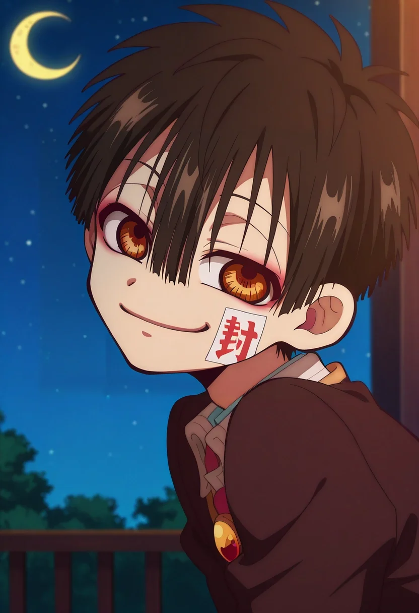 masterpiece, best quality, , anime screencap, anime coloring, official style, looking at viewer, 1boy, solo, male focus, <lora:hanako-kun_ilxl:1>, hanako-kun, black hair, brown eyes, short hair, hair between eyes, bangs, , , , from side, machu picchu, night, crescent moon, leaning forward, smirk,