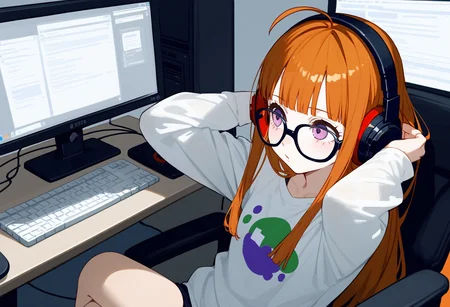 score_9, score_8_up, score_7_up BREAK 1girl, futabadef, orange hair, long hair, blunt bangs, glasses, ahoge, purple eyes, behind-the-head headphones, white shirt, sitting, computer, <lora:zs_FutabaXL:1>
