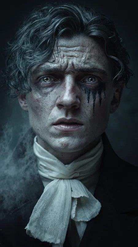 zavy-ghst, translucent figure, ethereal ghost,
An extreme close-up portrait of a ghostly young groom, dressed in elegant yet worn and teared 19th-century attire, evoking a bygone era. The groom is (crying:1.2) in despair, his head is slightly bowed, his haunted hazel eyes glossy with sorrow, as black tears stream down his pale cheeks, staining his otherwise flawless, translucent skin.
His expression is one of (utter despair:1.1), frozen in an (eternal moment of grief:1.1).
His dark, wavy hair is neatly combed, though slightly disheveled, as if time has weathered his once-pristine appearance. His high-collared Victorian jacket and white cravat are subtly worn, fading into the misty, ethereal glow that surrounds his spectral form.
The background is blurred and dark, fading into a soft, ghostly haze, enhancing the mystical and melancholic atmosphere. The lighting is moody and directional, casting subtle highlights on his cheekbones while deep shadows add dramatic contrast. The color palette is desaturated, dominated by cold blues, grays, and faded sepia tones, reinforcing the timeless, supernatural quality of this weeping phantom groom.