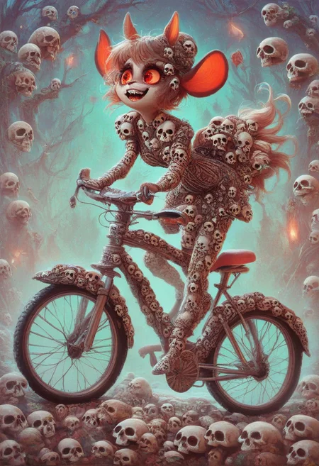 score_9, score_8_up, score_7_up, score_6_up, score_5_up, score_4_up,  A playful, anthropomorphic coffee cup  made with skulls with big eyes and a grin, riding a bicycle