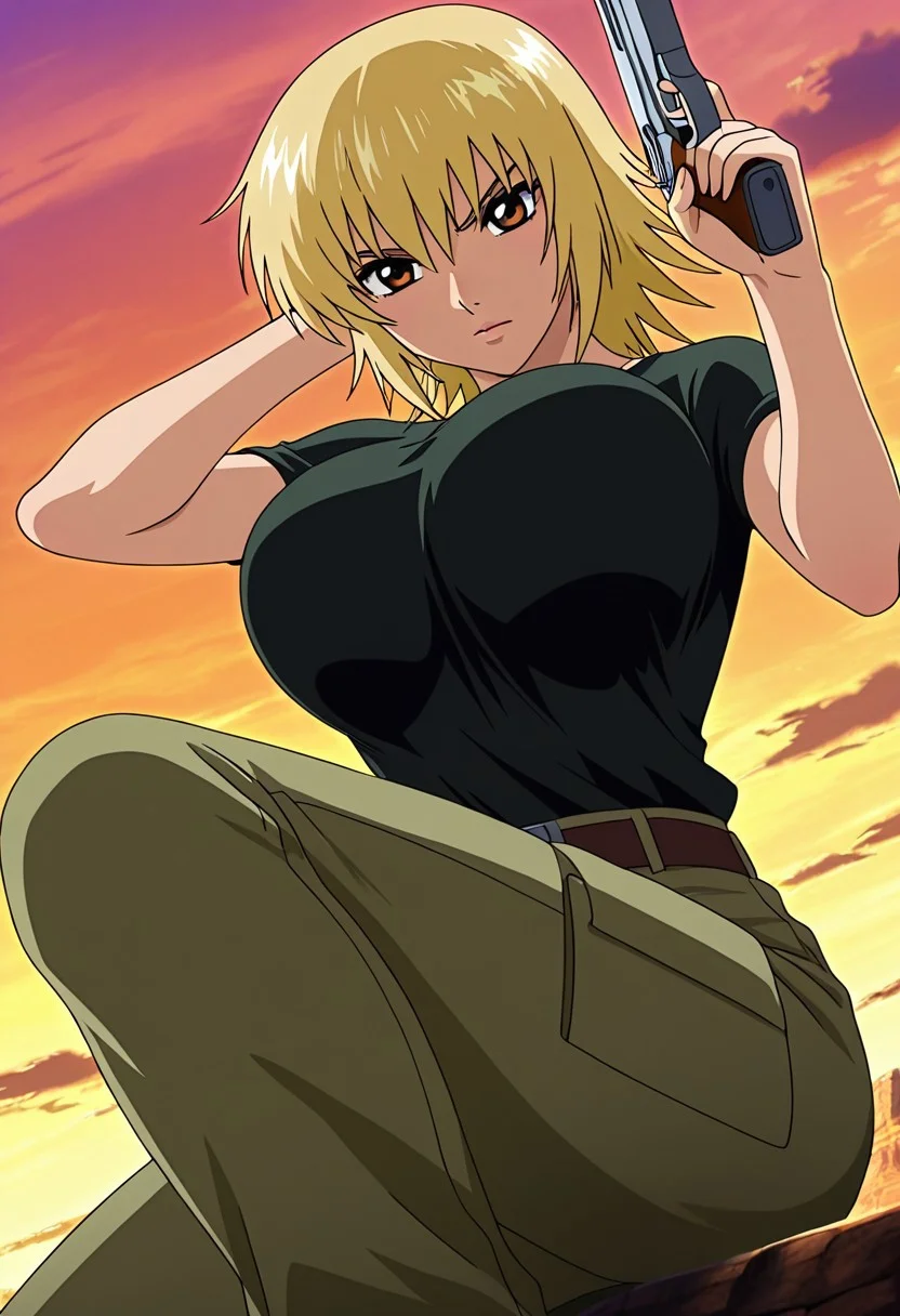general,highres, ultra-detailed,very aesthetic,best quality ,best hands,best eyes,easynegative,
dynamic anglre, dutch angle, anime cloring,anime screencap,
1girl solo,looking at viewer,wilderness,holding gun,fighting,
Cagalli Yula Athha,yellow hair,short hair,brown eyes,huge breasts,shirt,pants,