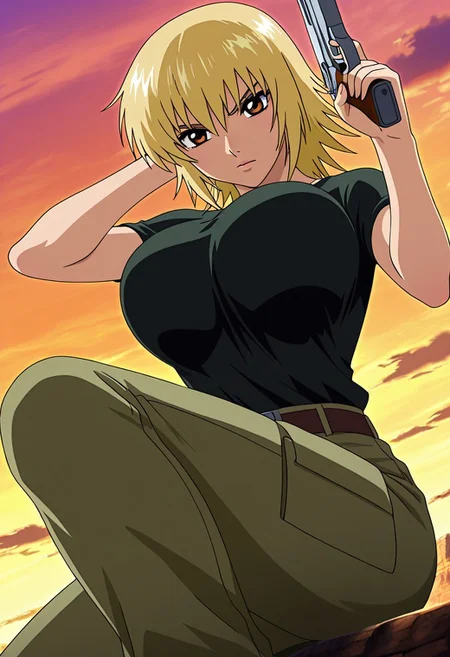 general,highres, ultra-detailed,very aesthetic,best quality ,best hands,best eyes,easynegative,
dynamic anglre, dutch angle, anime cloring,anime screencap,
1girl solo,looking at viewer,wilderness,holding gun,fighting,
Cagalli Yula Athha,yellow hair,short hair,brown eyes,huge breasts,shirt,pants,