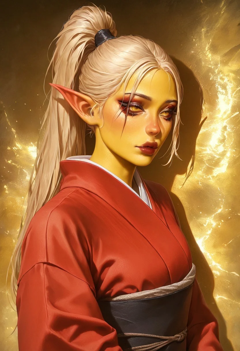 masterpiece, best quality, newest, absurdres, highres,
DFCAV1.0, realistic, 1girl, asian, asian female, elf, elf girl, pointy ears, long hair, yellow skin, blonde hair, golden colored skin, kimono, red kimono, ponytail long ponytail, high taied ponytail, makeup, mascara,