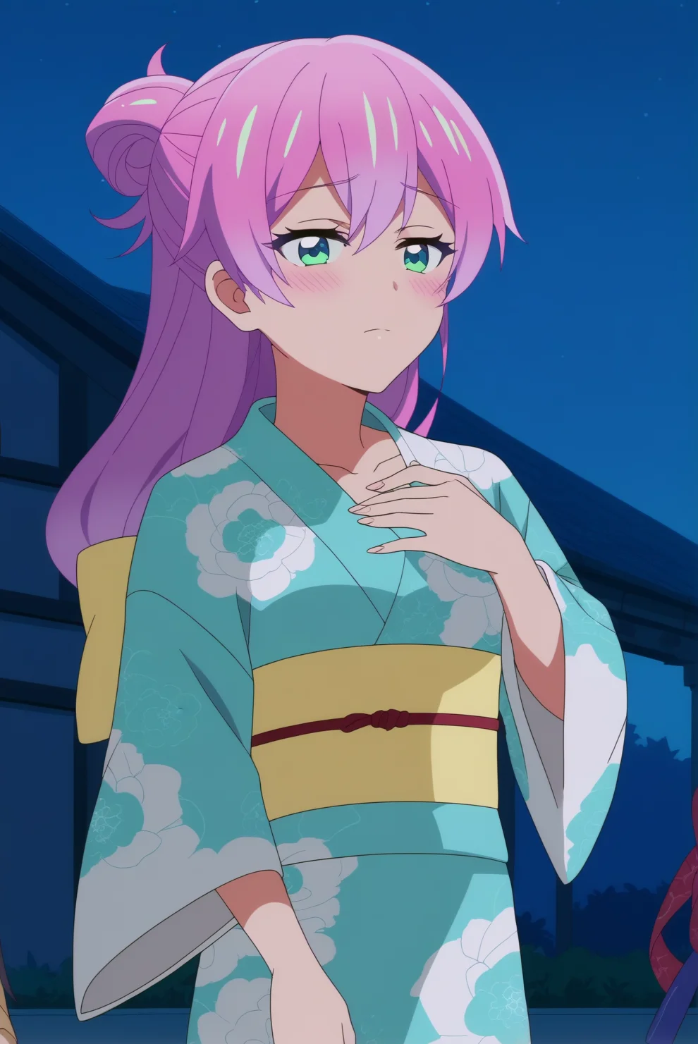 score_9, score_8_up, score_7_up, anime screencap,source_anime, anime coloring,anime screencap, consistent background, 1girl, akari watanabe,mature,pink hair, multicolored eyes, japanese clothes, kimono, 1girl, long hair, sash, obi, blue kimono, floral print, closed mouth, night, blush, hand on own chest, solo focus, yukata, hair between eyes, long sleeves,<lora:Akari Watanabe_epoch_1.safetensors:1>