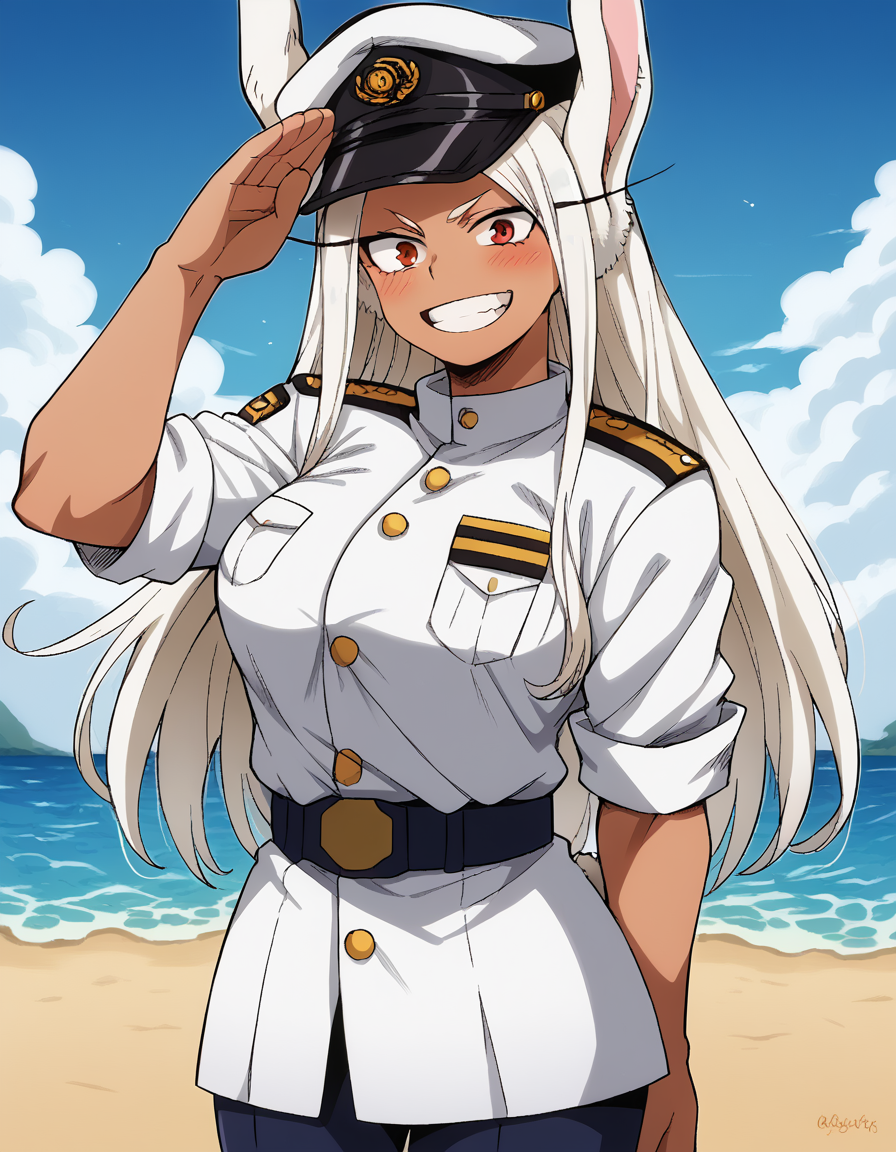 score_9, score_8_up, score_7_up, source_anime, <lora:rumi-usagiyama-ponyxl-lora-nochekaiser:1>, rumi usagiyama, long hair, animal ears, white hair, dark skin, rabbit ears, dark-skinned female, rabbit girl, red eyes, parted bangs, large breasts, <lora:kancolle-admiral-cosplay-ponyxl-lora-nochekaiser:1>, kancolle admiral cosplay, admiral (kancolle) (cosplay), naval uniform, cosplay, military uniform, military, peaked cap,, beach, salute, blush, smile, cowboy shot, looking at viewer,