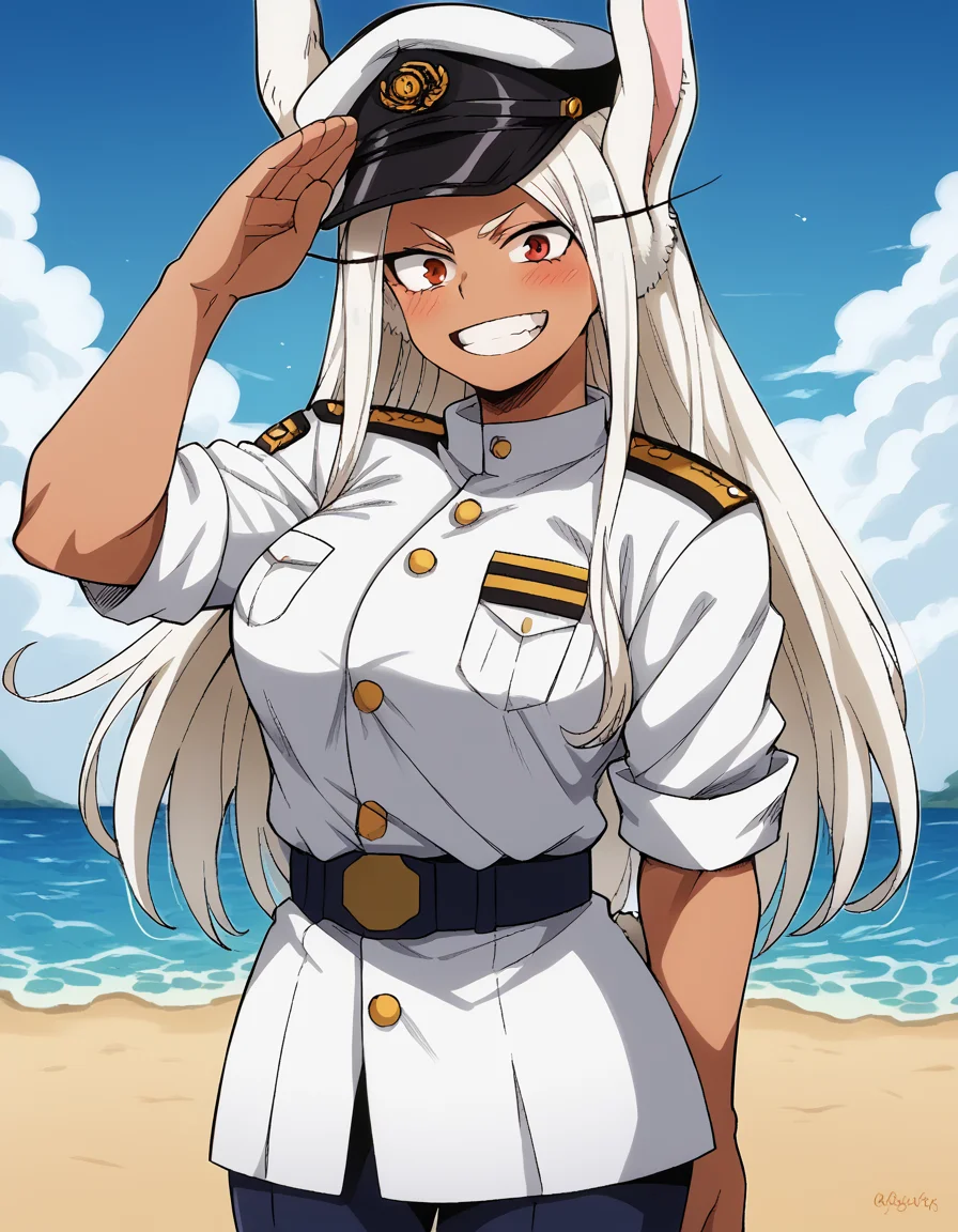 score_9, score_8_up, score_7_up, source_anime, <lora:rumi-usagiyama-ponyxl-lora-nochekaiser:1>, rumi usagiyama, long hair, animal ears, white hair, dark skin, rabbit ears, dark-skinned female, rabbit girl, red eyes, parted bangs, large breasts, <lora:kancolle-admiral-cosplay-ponyxl-lora-nochekaiser:1>, kancolle admiral cosplay, admiral (kancolle) (cosplay), naval uniform, cosplay, military uniform, military, peaked cap,, beach, salute, blush, smile, cowboy shot, looking at viewer,
