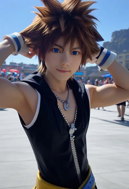 ((masterpiece)), ((best quality)), ((ultra-detailed)), ((absurdres)), score_9_up, score_8_up, score_7_up,
HD, top quality, best quality, amazing quality, High-quality illustrations, anime screencap, source_anime, best aesthetic, perfect proportions, perfect eyes, 1boy, 1male, solo boy, solo male, male focus, solo male focus, boy, real human, human male, asian, japanese, handsome, attractive, cute, charming, sexy, hot, ((tall, tall body, tall height)), ((fit body, lean body, slim waist, slender body)), easynegative, Expressiveh, neghands, updn, Male Cosplayer, cosplay costume, cosplay wig, colored contact lenses, ((1boy, solo, brown hair, spiked hair, blue eyes, hood, zipper, fingerless gloves, chain, sleeveless, showing armpits, hands behind head)), ((front view, front shot, facing front)),cosplay convention event, ((public event, many people walking background)), posing, happy, smiling
