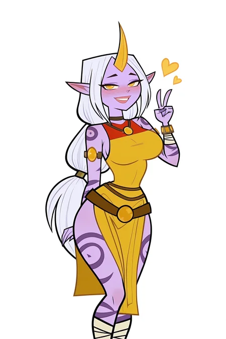 masterpiece,best quality,amazing quality, BREAK, SorakaLoLLXL, purple skin, colored skin, purple body, white hair, low-tied long hair, sidelocks, yellow eyes, pointy ears, single horn, yellow horn, tattoo, large breasts, bare shoulder, yellow gem, red cropped, yellow dress, armlet, bandaged arms, belt, bandaged legs, solo, standing, above view, peace sign, floating hearts, looking at viewer, seductive smile, naughty face, nose blush, white background, simple background <lora:SorakaLoLLXL:1>, TotalDramaStyleILXL <lora:TotalDramaStyleILXL:1.2>