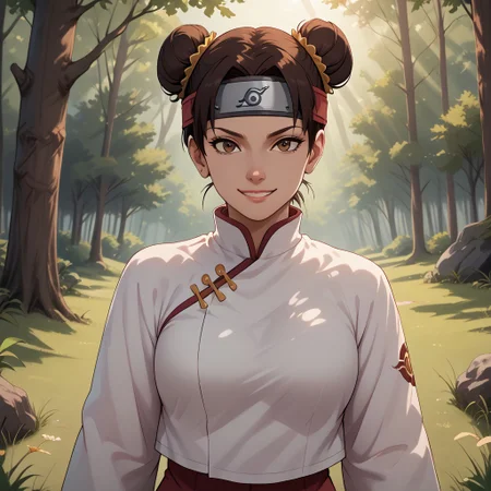 score_9, score_8, BREAK, dark brown hair, hair in twin buns, double buns, maroon loose high-waisted martial pants, curtain bangs, forehead protector, white shirt, black gloves, white chinese martial arts top, maroon sweatpants with side slits, brown eyes, sexy pose, self portrait, smile, outdoors, sunlight, shadows, evening lighting, natural lighting, forest, trees, grass, orange sky, sunset