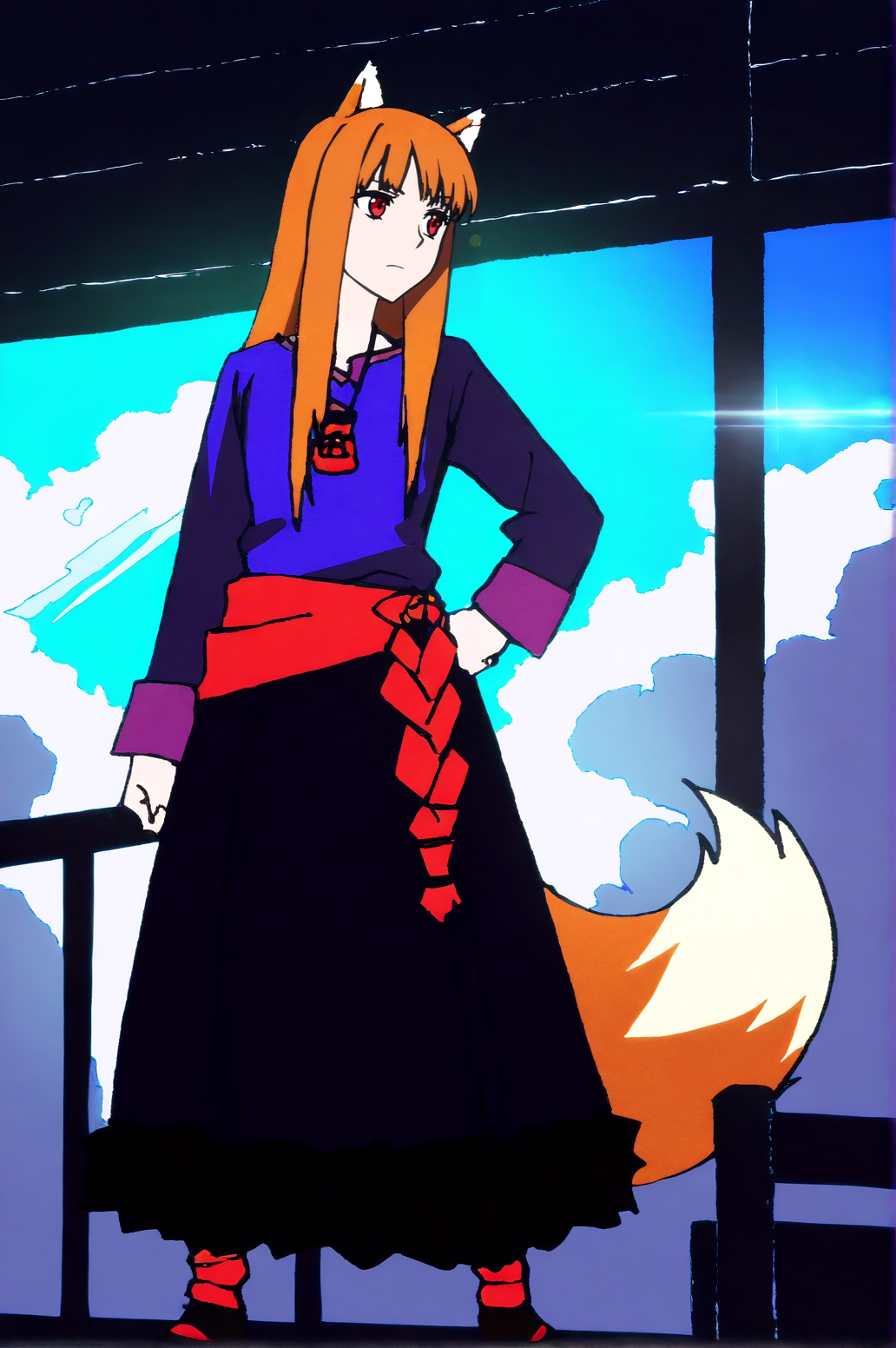 masterpiece, best quality, dark grey background, indoors, cinematic lighting, lens flare, amazing quality, very aesthetic, absurdres, best quality, newest, year 2023,  Holo, Main Outfit, sensitive, solo, full body, sky, day, cloud, blue sky, looking to the side, hand on own hip,  <lora:JN_Holo_Illus:0.8>