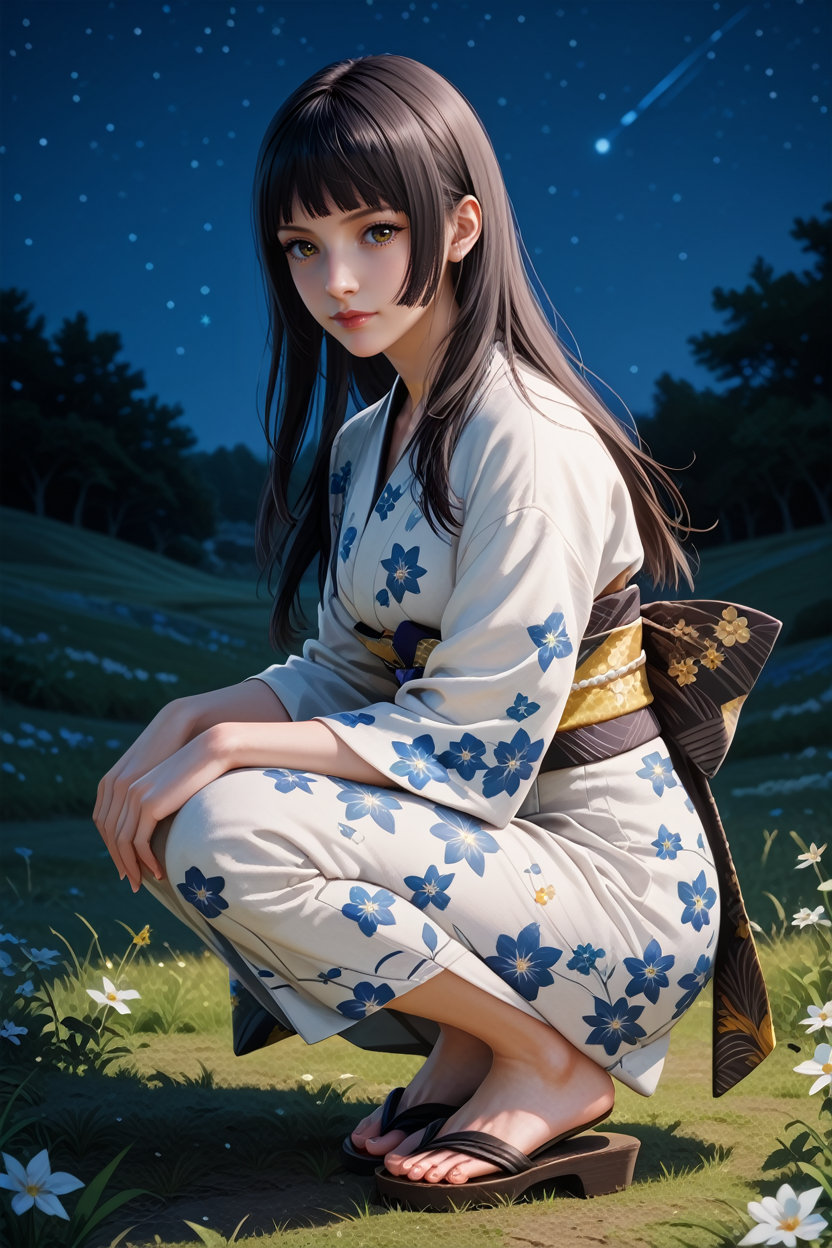 score_9, score_8_up, score_7_up,
<lora:FFGentiana:0.8>
FFGentiana, 1girl, black hair, long hair, blunt bangs, looking at viewer, night, grass, squatting, yukata, japanese clothes, floral print, obi, from side, looking at viewer, sandals, star \(sky\)