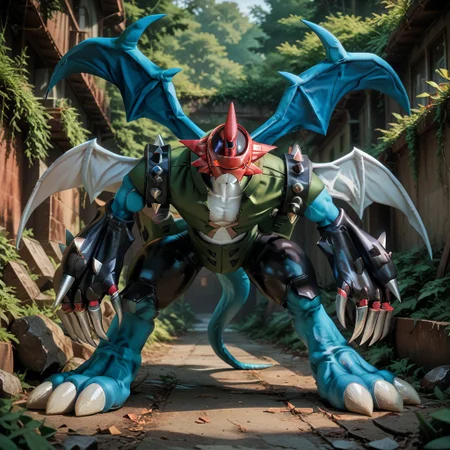 score_9, score_8_up, score_7_up, source_furry, Digimon (creature), Pai1dramon, red eyes, wings, tail, spikes, claws,