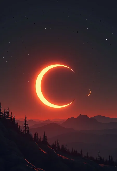 (masterpiece), best quality, expressive eyes, perfect face, sharp eyes, digital painting, voluminetric lighting, metallic reflections, 8k.
In a world where a lunar eclipse coincides with two moons eclipsing the sun, one might imagine a celestial dance of shadows and light. Picture a vast, open sky as the backdrop to an extraordinary event: two moons in orbit around a planet, aligning perfectly with the sun.
As the lunar eclipse begins, the primary moon slowly moves into the Earth's shadow, gradually dimming as it takes on a reddish hue, often referred to as a "blood moon." This is due to the Earth's atmosphere bending sunlight into the shadow.
Simultaneously, the second moon begins its transit across the sun, casting a smaller, distinct shadow upon the planet's surface. This creates a rare and mesmerizing visual effect known as a double eclipse. The sun's corona might still be visible around the edges of the moons, creating a "ring of fire" effect in the sky.
Observers on the ground would experience a dramatic shift in light. As the moons overlap with the sun, the sky would darken significantly, possibly allowing stars and planets to become visible in what would normally be daylight.
This cosmic event would be a stunning spectacle, a reminder of the grandeur and scale of our universe, and the delicate ballet of celestial bodies within it.