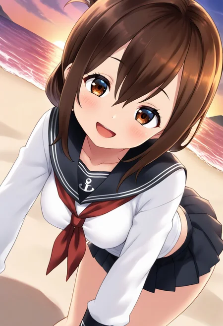 score_9,score_8_up,score_7_up,source_anime,anime, BREAK,
yapo,
1girl, inazuma \(kancolle\), (medium breasts), (shortstack:1.0), brown hair, folded ponytail, long hair, brown eyes, (tareme:1.2),
serafuku, black sailor collar, black mini skirt, long sleeves, neckerchief, sailor collar,
(smile), small open mouth,
head tilt, leaning forward,
(angle:random),
outdoors, warm light, beach, sunset,