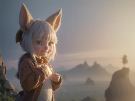 (8k, RAW photo, best quality, masterpiece:1.4), ultra high res, (realistic, photo-realistic:1.48), omertosa,(aegyo sal:1), wet,cute professional lighting, detailed lighting, photon mapping, radiosity, physically-based rendering, European, backlighting, depth of field, natural lighting, hard focus, ((film grain)), one meter shooting distance, professional photoshoot, photographed with a Sony a9 II Mirrorless Camera cathedral, looking at the reviewer, (best quality:1.3), nanachipants, 1girl, 18 y.o woman, solo, furry, fur, fluffy nanachi \(made in abyss\), nanachihat, nanachipants, standing, looking at viewer, smile  <lora:nanachiFromMadeIn_v10:0.8>