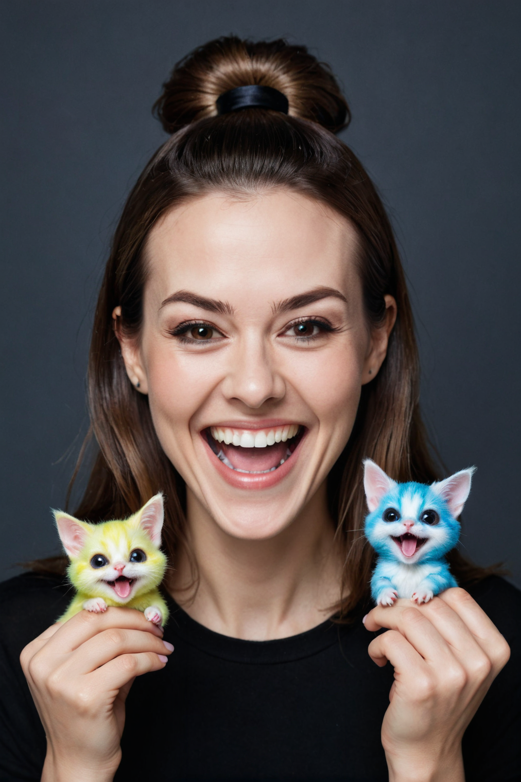 by  Lori Earley  and  Olga Skomorokhova in the style of  teamLab ,  cute happy woman holding up two minature pets, maniacal laughter <lora:happy:0.35> <lora:maniacal_laughter:2.25> , digital oil pastel on canvas<lora:oil_pastel:1.00> of a cinematic photo <lora:juggernaut_cinematic:1.00>  <lora:more_art:0.30><lora:RMSDXL_Enhance:0.50><lora:RMSDXL_Creative:0.50><lora:RMSDXL_Photo:0.50><lora:RMSDXL_Darkness_Cinema:0.50><lora:clothing_slider:2.00><lora:great_lighting:1.50><lora:aesthetic:1.50><lora:photorealistic_portrait:1.50><lora:extremely_detailed:1.50><lora:midjourney:-0.15><lora:dpo:0.25>