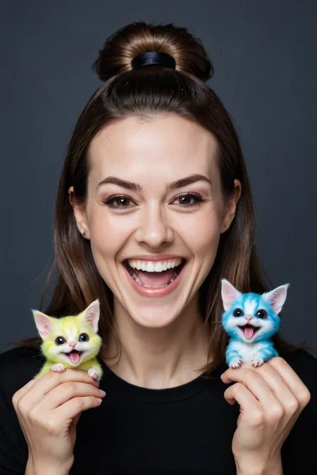 by Lori Earley and Olga Skomorokhova in the style of teamLab , cute happy woman holding up two minature pets, maniacal laughter <lora:happy:0.35> <lora:maniacal_laughter:2.25> , digital oil pastel on canvas<lora:oil_pastel:1.00> of a cinematic photo <lora:juggernaut_cinematic:1.00> <lora:more_art:0.30><lora:RMSDXL_Enhance:0.50><lora:RMSDXL_Creative:0.50><lora:RMSDXL_Photo:0.50><lora:RMSDXL_Darkness_Cinema:0.50><lora:clothing_slider:2.00><lora:great_lighting:1.50><lora:aesthetic:1.50><lora:photorealistic_portrait:1.50><lora:extremely_detailed:1.50><lora:midjourney:-0.15><lora:dpo:0.25>
