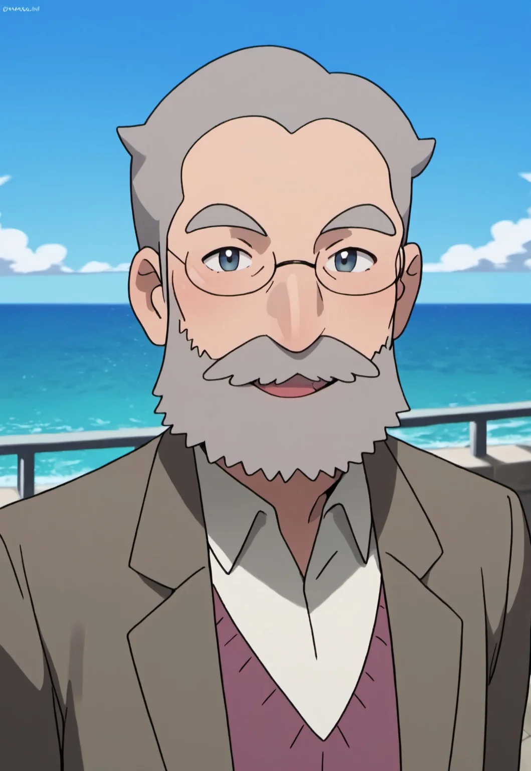 safe_pos, score_9, score_8_up, score_7_up, source_anime, rating_nsfw, ultra hd, absurdres, solo, masterpiece, best quality, best aesthetic, Expressiveh, wolfconf, burankoprn!, 1boy
PokemonAmbretteMayor, grey hair, beard, glasses, mustache, jacket, brown jacket, red collar shirt, portrait, headshot, looking at viewer, smiling, sea background, balcony