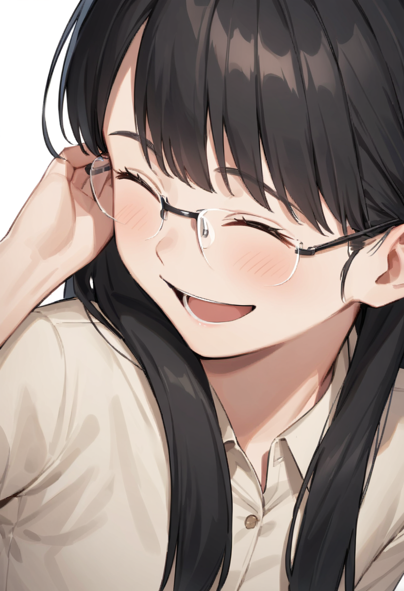 masterpiece, best quality, very aesthetic, absurdres,
1girl, solo, black hair, long hair,
rimless18s, glasses,
collared shirt, happy, smile, looking at another, closed eyes, open mouth, white background, simple background,
 <lora:glasses_rimless_18s_SDXL_V1:0.8> <lora:comiclo_a31:0.8>
