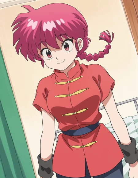 score_9, score_8_up, score_7_up, source_anime, <lora:ranma-saotome-alpha-ponyxl-lora-nochekaiser:1>, ranma saotome, braid, red hair, single braid, braided ponytail, red eyes, medium breasts,, pants, chinese clothes, tangzhuang,, hospital room, bedside, get well flowers, comforting, quiet, , , smile, solo,, cowboy shot, dutch angle,