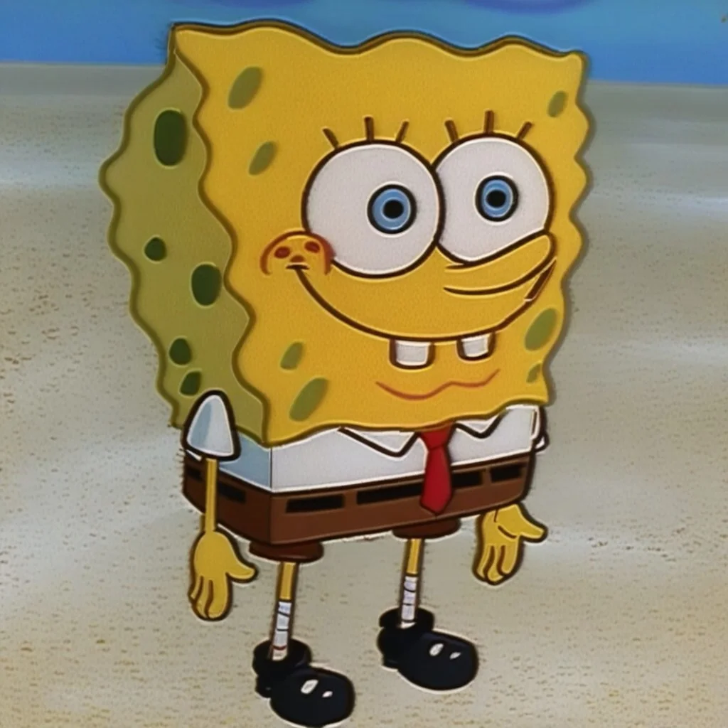 score_9, score_8_up, score_7_up, score_6_up, spongebob, standing, sand, smiling, blue eyes, red tie, white shirt, yellow skin, brown pants, black shoes, season 1