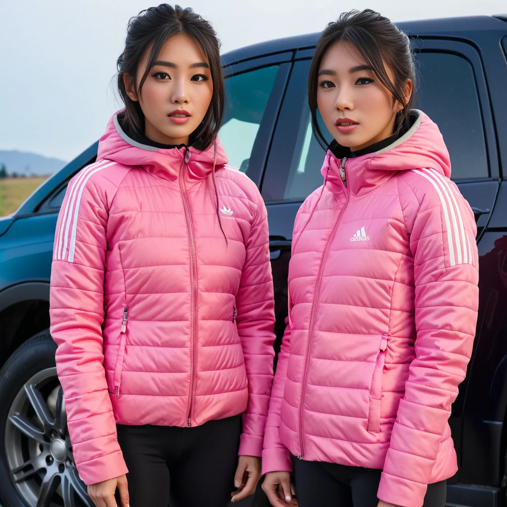 (dark cinematic still, dark vibes) sexy slim skinny group of asian short women ,unique, wearing a hooded pink from high collar black adidas_puffer_jacket, unique hair styles, 8k uhd, dslr, high quality, photorealistic, realism, hyperrealism, ((car scene)),
<lora:adidas_puffer_jacket_v1:1> <lora:DetailedEyes_V3:1> <lora:add-detail-xl:3> <lora:Collar-SDXL:0.7> <lora:Cuffs-SDXL:0.7>