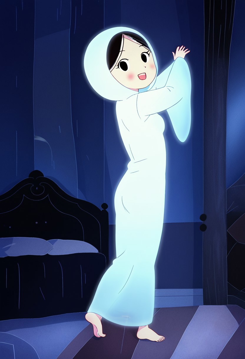 zPDXL3, source_cartoon, Perfect Hands, full body,
1girl, solo, aged down, bedroom, looking at viewer, saoirse, black hair, black eyes, blush, ghost, hood up, robe, barefoot, glowing, dancing on bed, from behind, facing at viewer, feeling cold, eyes open, smile, open mouth, sleeve past wrist, slim body, long body, highlight cloth wrinkle, anime style, kicking,
<lora:Perfect Hands:1>  <lora:Saoirse_-_The_Song_of_the_Sea-000009:1>