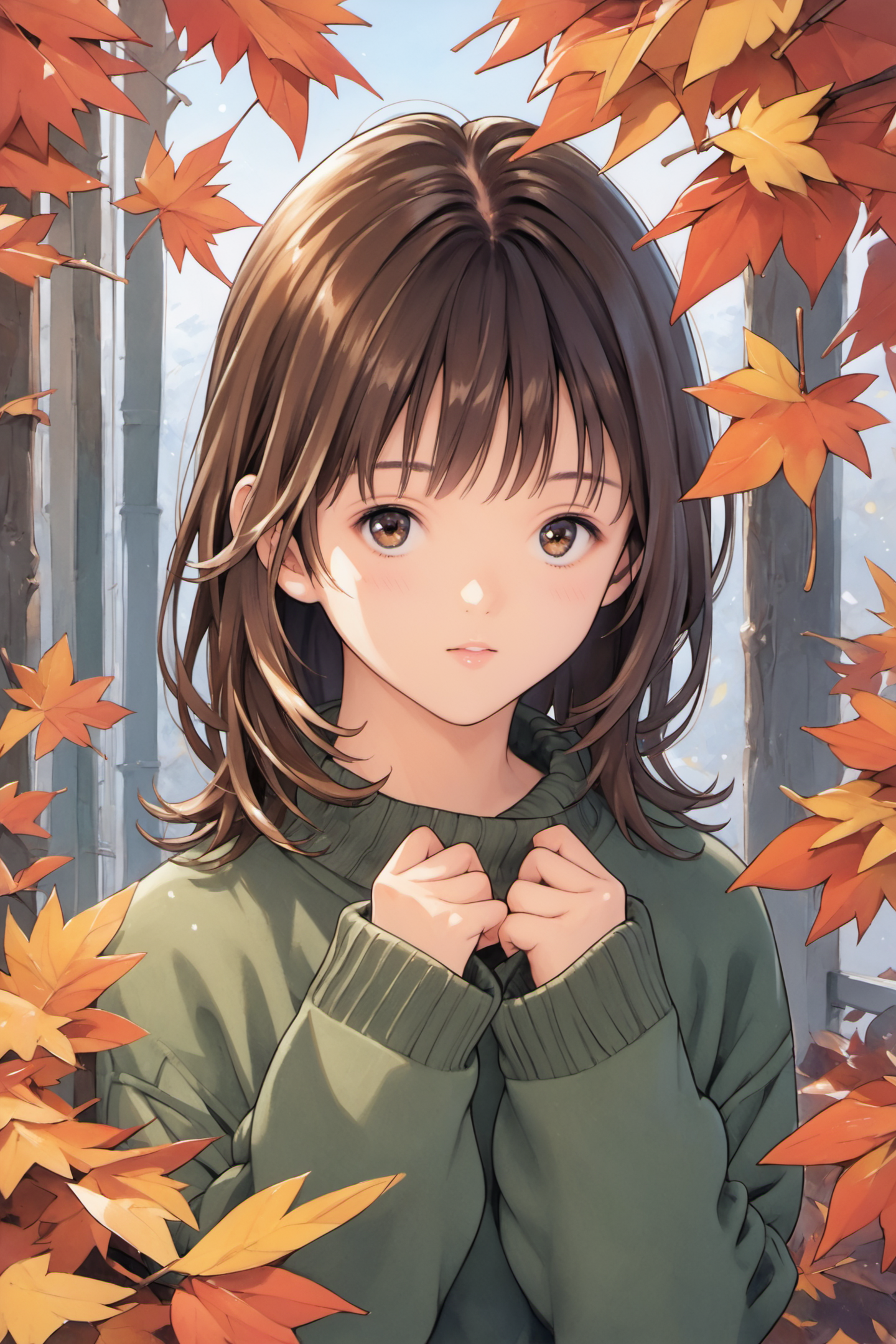Yoshizuki iori,1girl,solo,brown eyes,sweater,brown hair,looking at viewer,leaf,autumn leaves,green sweater,long sleeves,upper body,bangs,autumn,sleeves past wrists,long hair,medium hair,maple leaf,traditional media,score_9,score_8_up,<lora:Katsura Masakazu_XL_PONY:0.9>,