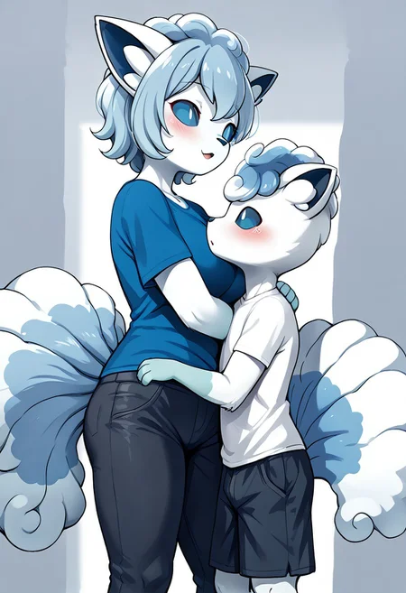 L3gHump1ng, full contact hug, side hug, 1girl alolan vulpix, anthro, short torso, red t-shirt, shorts, height difference, 1boy alolan vulpix, chin, blue t-shirt, pants