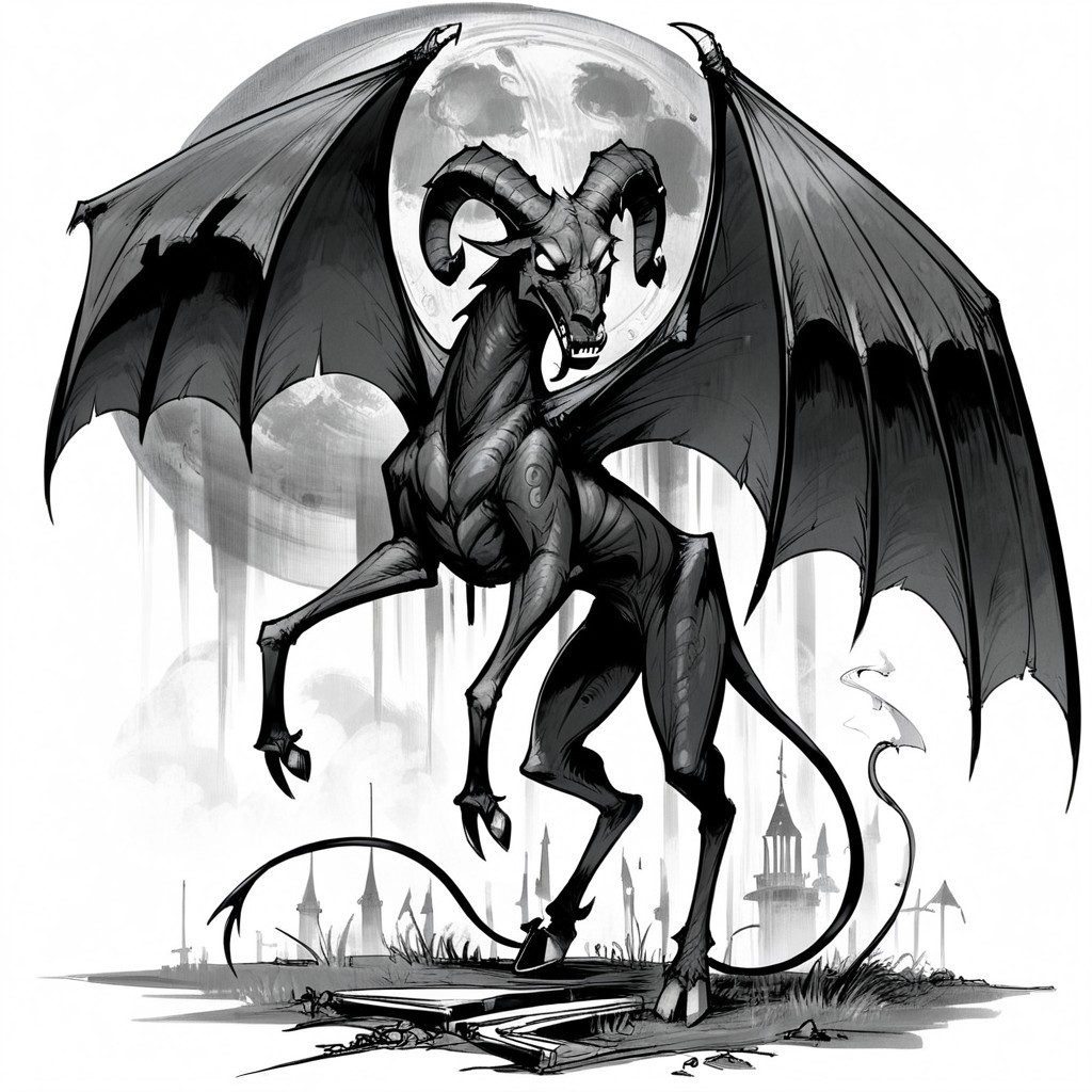 Score_7_up, score_8_up, csr style,full body, jerseydevil, monster, wings, long tail, full body, curled horns, feral, black skin, blank eyes, white eyes, hooves, farmland, nighttime, full moon, monochrome, black and white